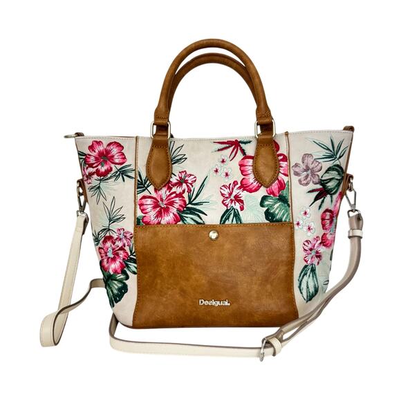 Desigual Hannah Florida Floral Embroidered Tote Bag Crossbody Light Brown Multi - Picture 1 of 12